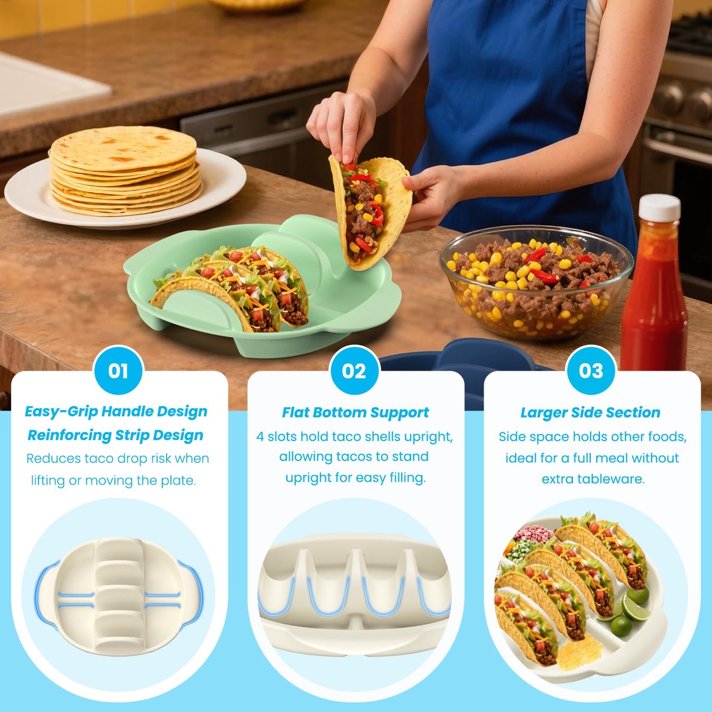 LZC LADYS GIFT Taco Holder Set of 2 Silicone, Reusable Taco Stand Rack Tray with 4 Dividers, Taco Plates for Hard/Soft Taco Shells, Taco Party Serving Plates, Dishwasher & Microwave Safe Taco Holders