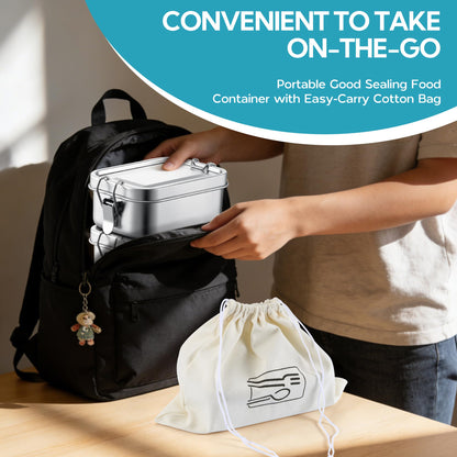 E-far Stainless Steel Bento Box, 28oz Metal Lunch Bento Box w/Leak Proof Lid, 850ml Small Food Container w/Removable Divider & Bag, Reusable 3-Compartment Bento Lunch Container for Camping Picnic