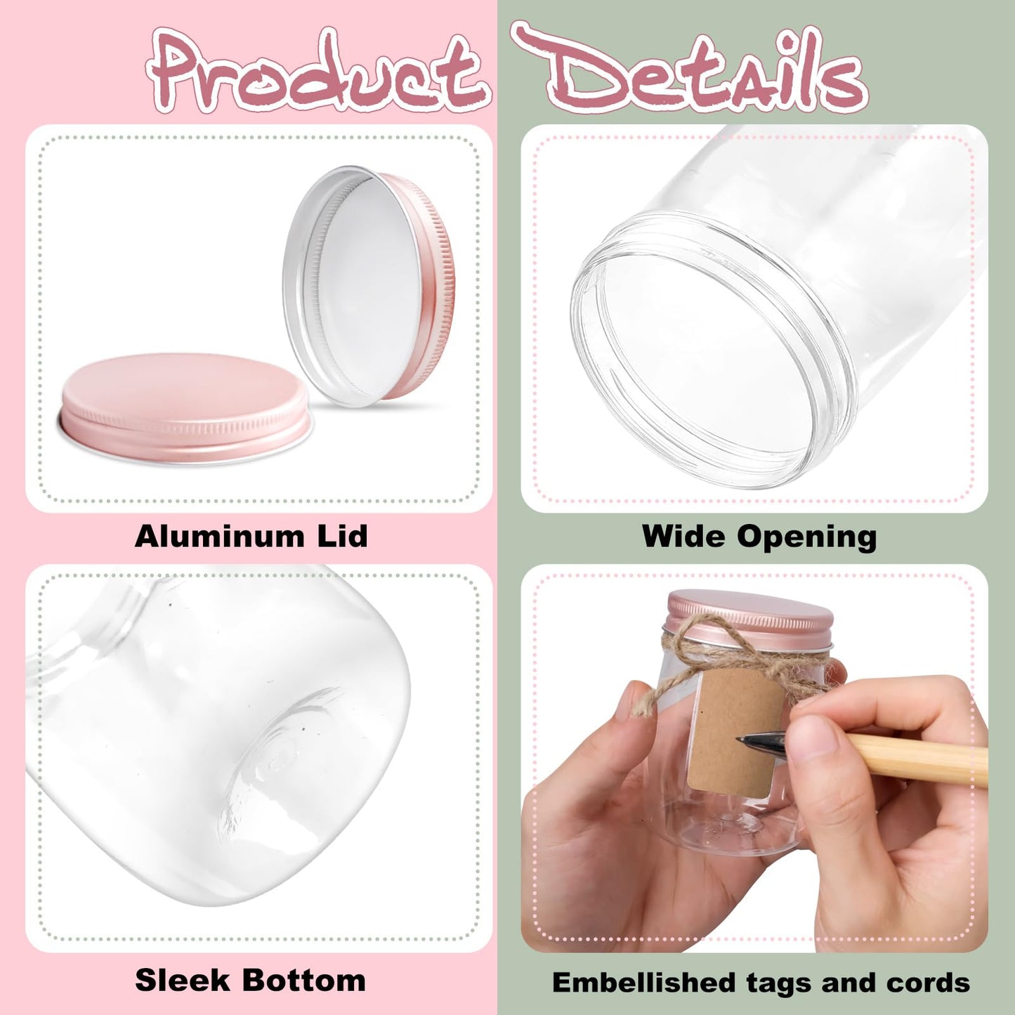 SENONAPO 84 Pack 5 oz Plastic Jars with Labels and Craft Twine, Aluminum Lid Yogurt Containers with Lids Bulk, DIY Small Gift Jars for Wedding, Birthday, Halloween, and Christmas Party Favors