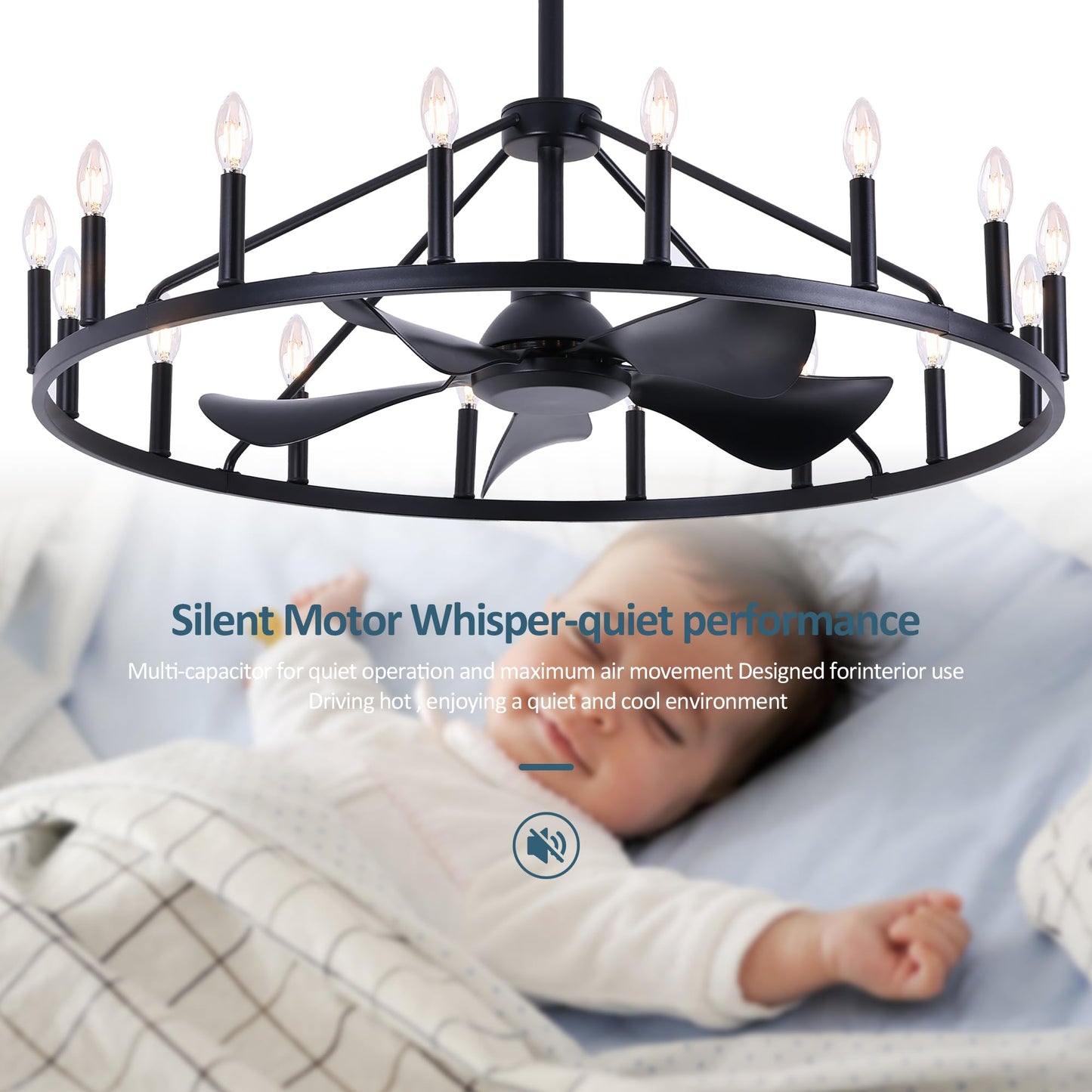 COCOSTAR 44" Black Wagon Wheel Chandelier Farmhouse Ceiling Fan with Light and Remote,16-Lights Large Fandelier with Candle,Rustic Big Light Fixture for Living Room Kichen Dining Room