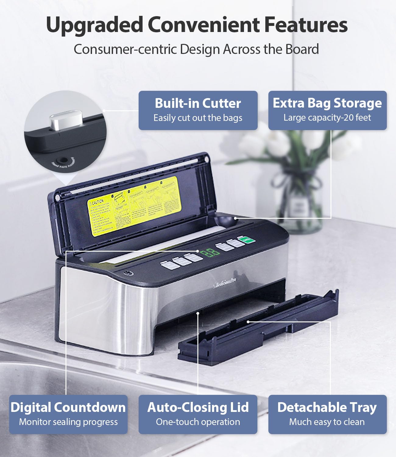 PressFree TRUE-Auto Vacuum Sealer Machine, Beelicious 85KPA Fully Automatic 8-IN-1 Food Sealer with Bags Storage, Build-in Cutter, Moist Mode and Air Suction Hose |Sous Vide | Digital Countdown