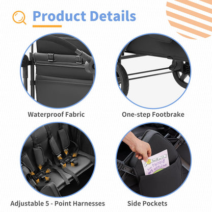 Stroller Wagon for 4 Kids, 4 Seater Wagon Stroller Featuring 4 High Seat with 5-Point Harnesses and Adjustable Canopy, Foldable Double Push Bar Wagon Stroller 4 Seater for Garden, Camping (Black)