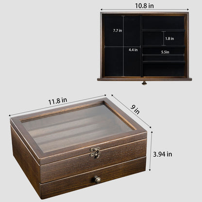 Knife Display Case Knife Collection Display Holder with Glass Lid, 2-Layer Wooden Pocket Knife Case with Drawers