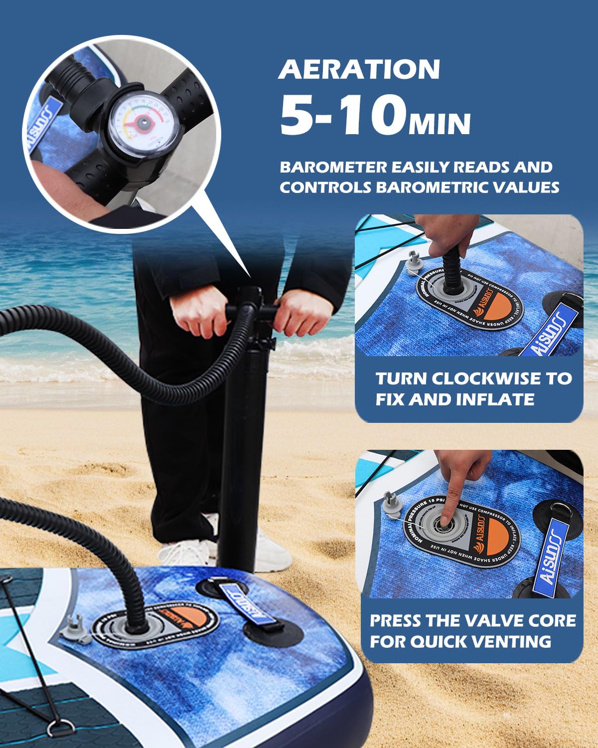 AISUNSS 11'6''x35'' Super Wide Inflatable Paddle Board, 450lb Capacity Premium Stable SUP Board for 2+1 People/Family w/100L Backpack, Dual-Action Pump, Safety Leash (Blue Sea)
