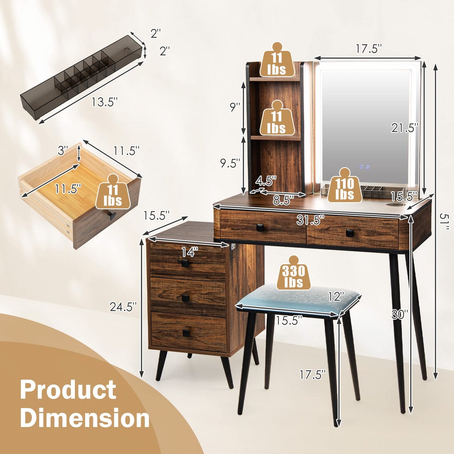 CHARMAID Makeup Vanity Table with Large Lighted Mirror, 3 Lighting Sets, Human Body Induction, Side Cabinet, 2 Drawers, Storage Shelves, Cosmetic Tray, Dressing Vanity Desk with Stool