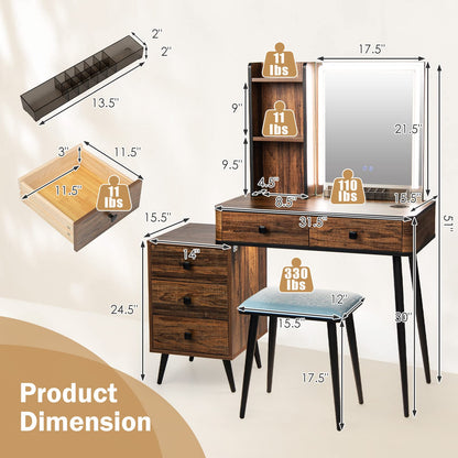 CHARMAID Makeup Vanity Table with Large Lighted Mirror, 3 Lighting Sets, Human Body Induction, Side Cabinet, 2 Drawers, Storage Shelves, Cosmetic Tray, Dressing Vanity Desk with Stool
