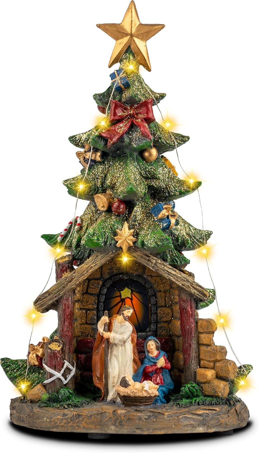 12'' VISFLAIR Christmas Tree Lighted Manger Nativity Scene, Musical Holy Family Collectible Buildings Figurines LED