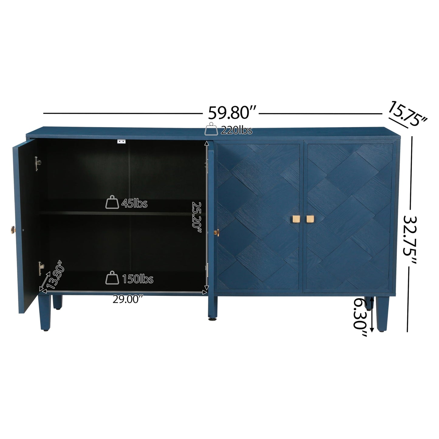 Merax 59.8" Wood Sideboard Buffet Cabinet, Storage Cabinet with Doors and Shelves, Modern Console Table with Solid Wood Legs for Dining Room, Living Room, Entryway, Navy Blue Finish