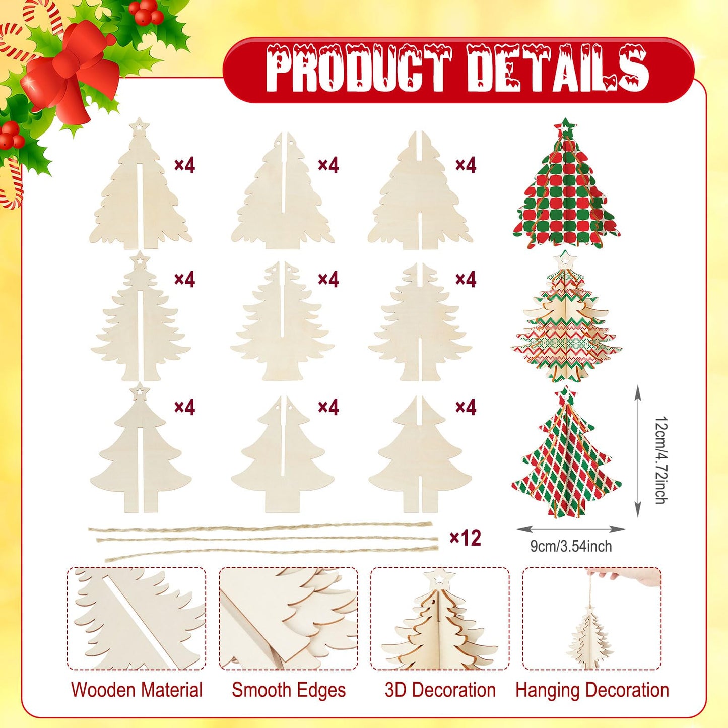 Chunful 36 Pcs Christmas Tree Wooden Crafts DIY 3D Christmas Tree Sign Xmas Unfinished Wood Cutouts Crafts Ornaments Blank Wooden Slices Hanging Decoration for Xmas Holiday Tabletop Gift