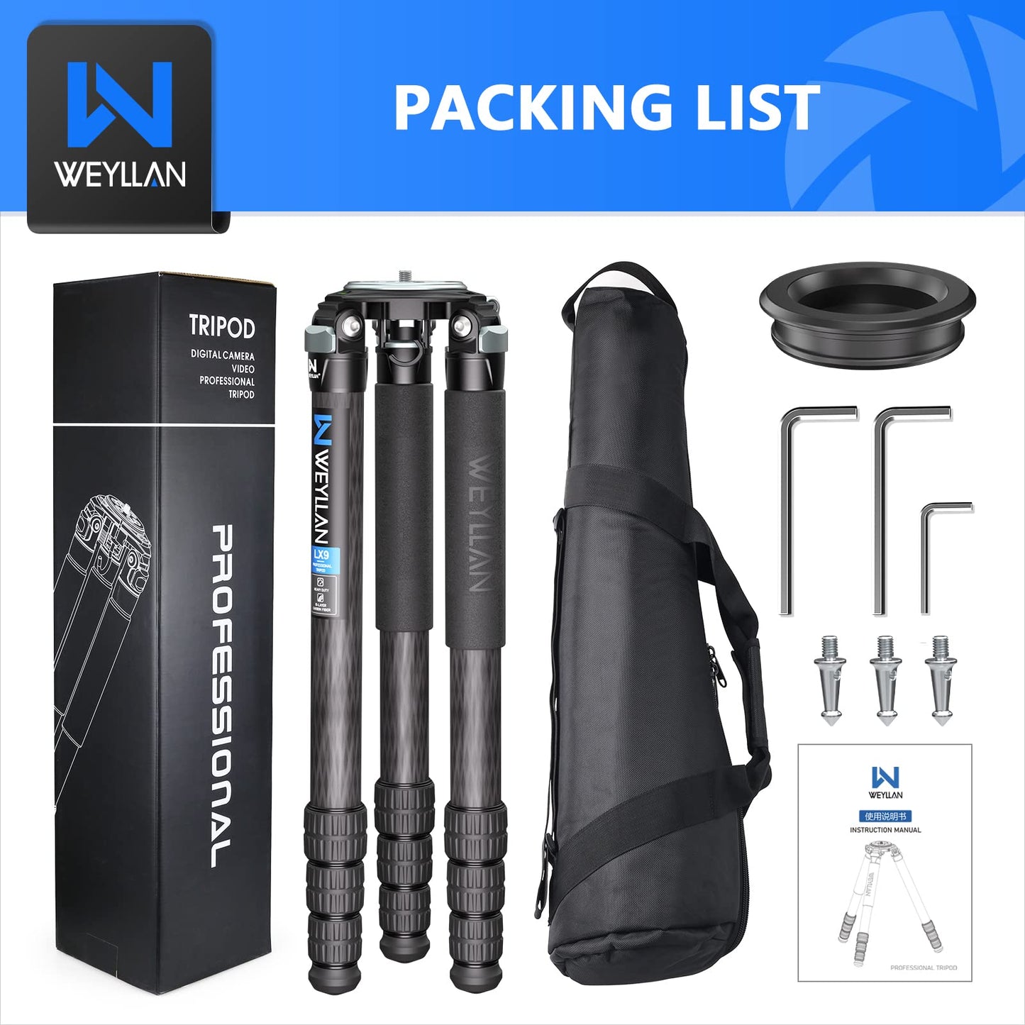 Heavy Duty Tripod Carbon Fiber Camera Tripod WEYLLAN LX9 Professional Tripod Camera, 10 Layers Carbon Fiber Tube, with 40mm Leg Tube, Durable Carbon Bowl Tripods for DSLR Camera Max Load 88lbs/40kg