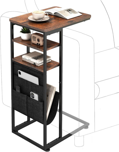 28"(H) 3-Tier C Shaped End Table C Table with Storage Bag, Under Couch Table C-Shaped End Table with Storage Shelves