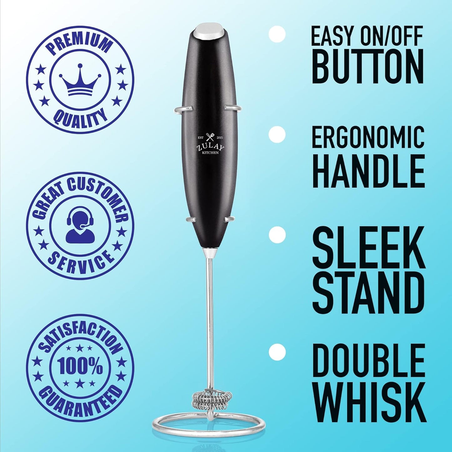 Zulay Kitchen Handheld Powerful Double Whisk Milk Frother - Foam Maker with Stand for Coffee, Latte, Matcha, Frappe,