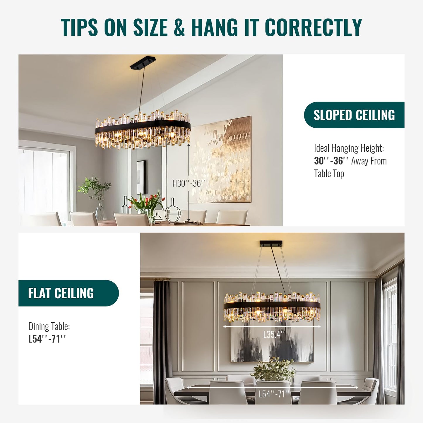 Siljoy Modern Crystal Chandelier, 16-Light Black Rectangular 2-Tiers K9 Crystal Raindrop Chandelier, Farmhouse Crystal Ceiling Light Fixture for Living Dining Room Kitchen Island L35.4 Inch