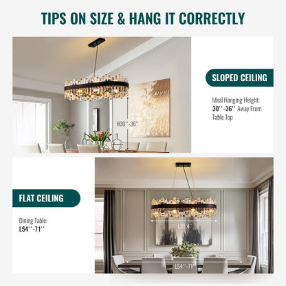 Siljoy Modern Crystal Chandelier, 16-Light Black Rectangular 2-Tiers K9 Crystal Raindrop Chandelier, Farmhouse Crystal Ceiling Light Fixture for Living Dining Room Kitchen Island L35.4 Inch