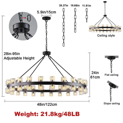Plsintly 48 Inch Black Wagon Wheel Chandelier with Crystal Shade, Crystal Chandelier, Modern Farmhouse Style, Ideal for Dining Room, Kitchen, Entryways,48 Lights (Bulbs Included)