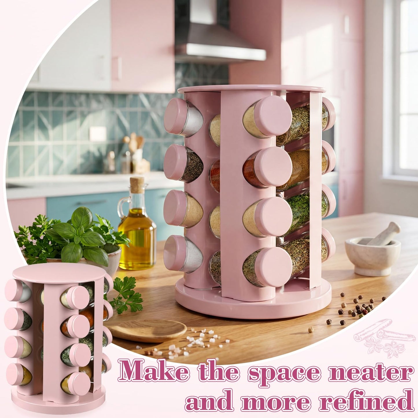 Yungyan Pink Rotating Spice Rack Seasoning Organizer with 16 Empty Jars, Spice Containers Set with Labels and Funnel, Revolving Seasoning Rack for Kitchen Accessories (Stainless Steel,Glass)