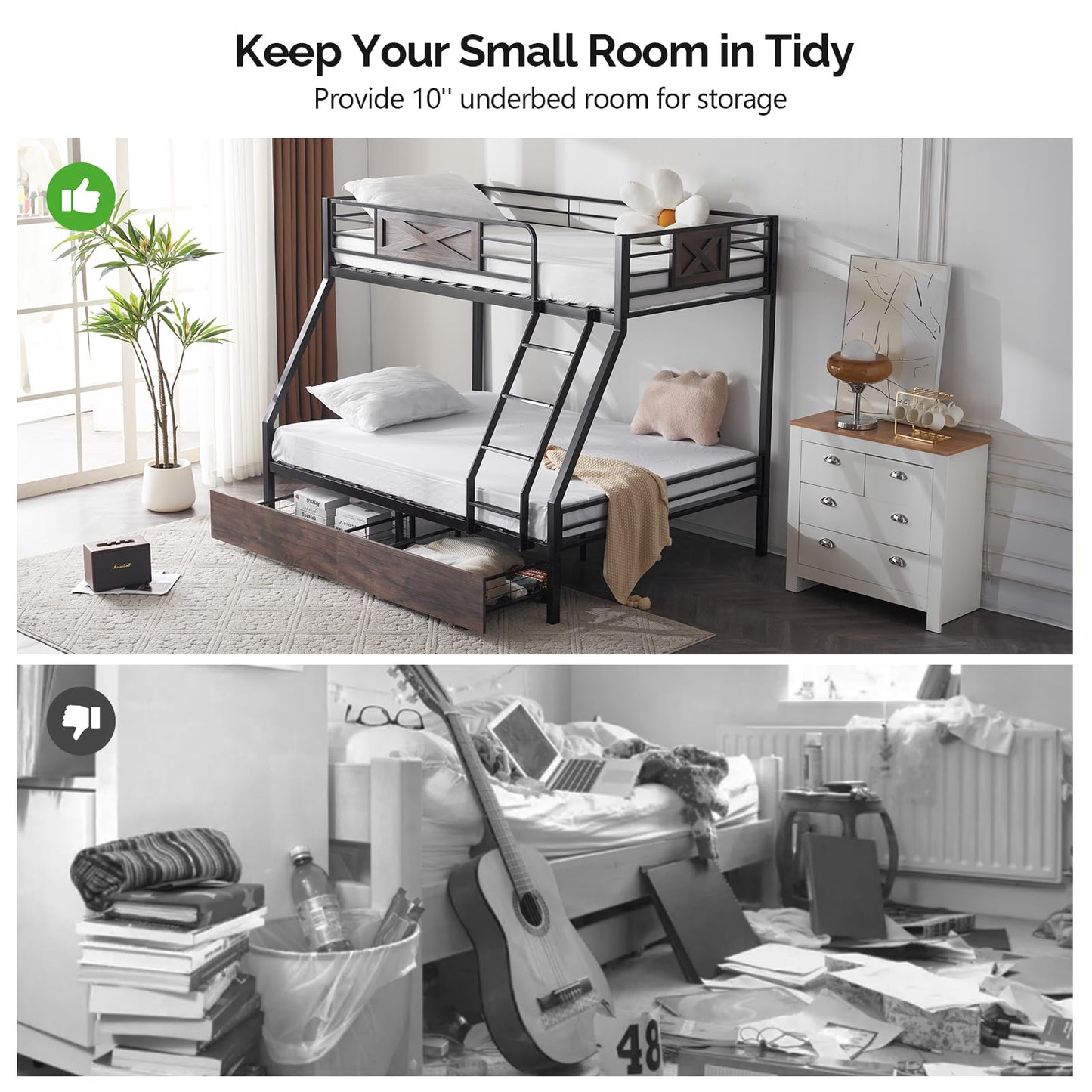 Bonnlo Metal Bunk Bed Twin Over Full with 2 Storage Drawers, Heavy Duty Twin Over Full Bunk Bed for Kids Teens Adults, 13.7-Inch Guardrail, Inclined Ladder, No Box Spring Needed, Black/Brown