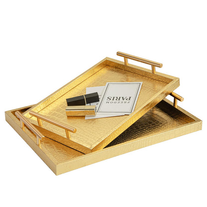 JUMBO HUMBLE Modern Elegant Large Wood Serving Tray, Set of 2 Gold Crocodile Leather with Gold Polished Metal Handles, Home Decorative Rectangle Ottoman Decor Platter Living Room Bathroom Vanity Tray