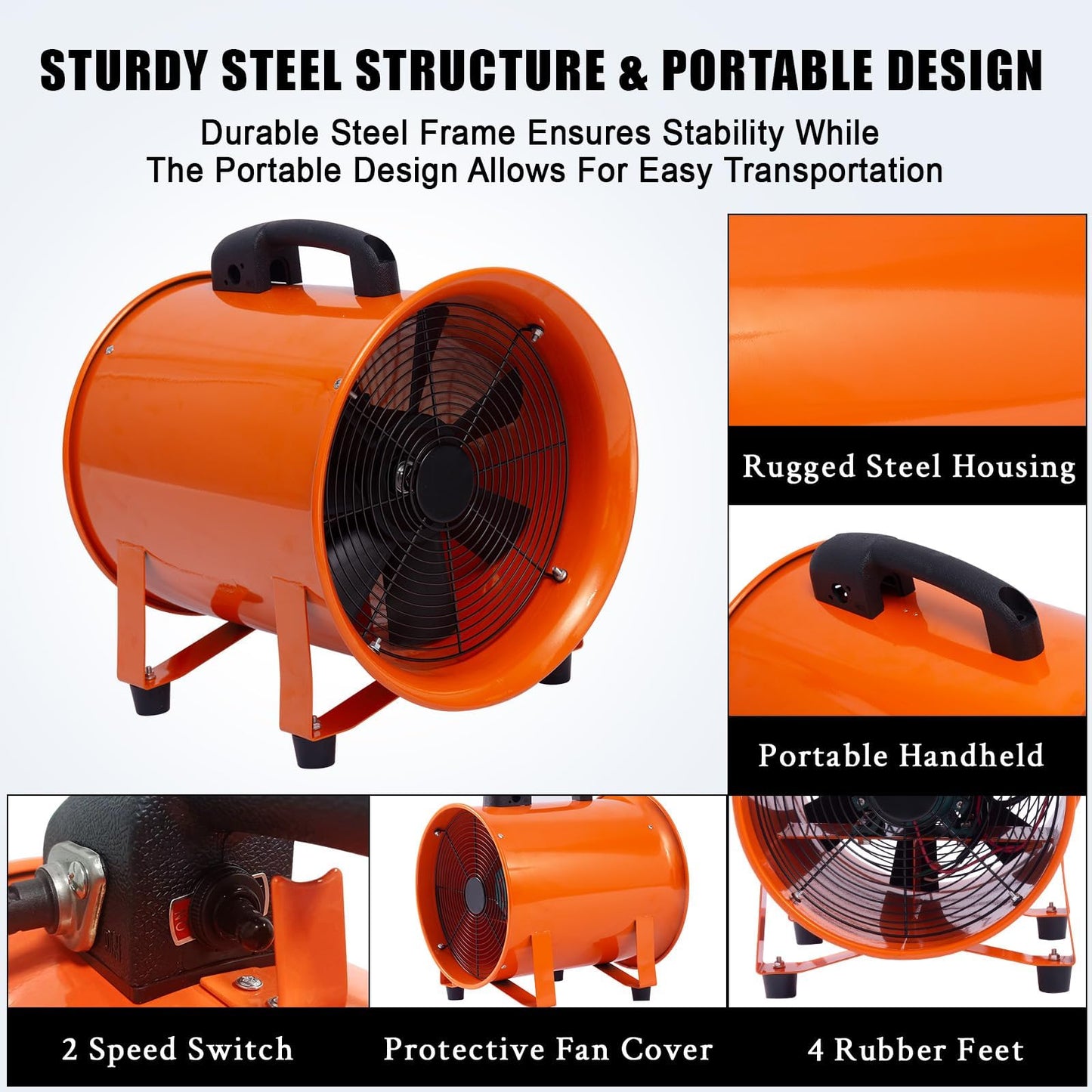 BouPower 12 Inches 3500 CFM Utility Blower Exhaust Fan with 16.4 FT Duct, 3500 r/min Heavy Duty Blower Fan, High Velocity Low Noise Extraction for Ventilating Workshops, Confined Space, Orange