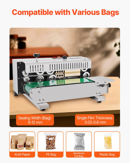 VEVOR Continuous Bag Band Sealing Machine, 0.24-0.47 in/6-12 mm Seal Width, Horizontal Band Sealer Machine with Digital Temperature Control Stainless Steel Bag Sealer for 0.02-0.8 mm Plastic Bag Film
