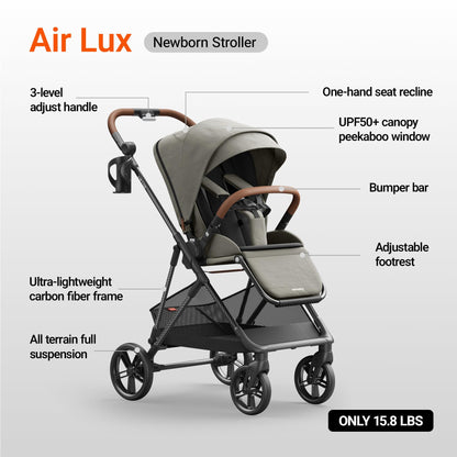MAMAZING Air Lux Baby Stroller with Bassinet from Newborn to 50 lbs, Strength Carbon Fiber Frame Only 15.8lbs, Bassinet Stroller Included Reversible Seat, Car Seat Adapter & Large Storage Basket