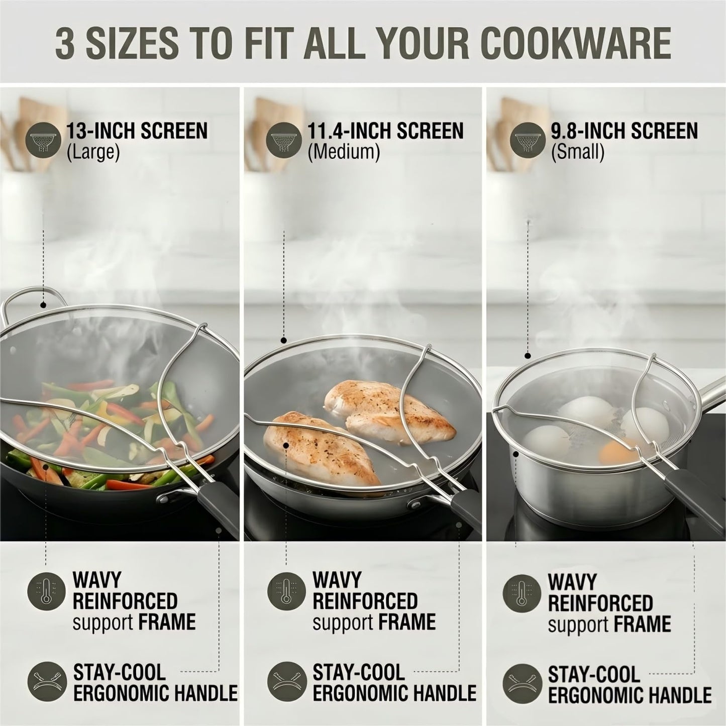 HOMEAVA Splatter Screen for Frying Pan 3-Piece Set - Stainless Steel Grease Splatter Guard (13", 11.4", 9.8") - Oil Splash Guard & Fine Mesh Cover for Cooking Bacon
