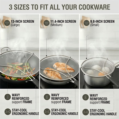 HOMEAVA Splatter Screen for Frying Pan 3-Piece Set - Stainless Steel Grease Splatter Guard (13", 11.4", 9.8") - Oil Splash Guard & Fine Mesh Cover for Cooking Bacon