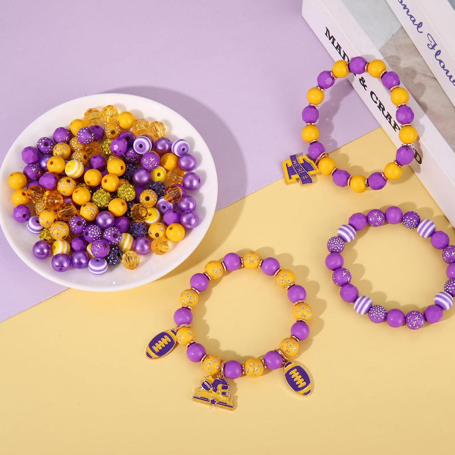 HSWE Game Day Beads for Bracelets Making Kit Heishi Clay Pearl Letter Assorted Round Bead Gold Spacer Beads Football Charms for DIY Bracelets Necklace Jewelry Making (Purple Yellow Game Day Kit)