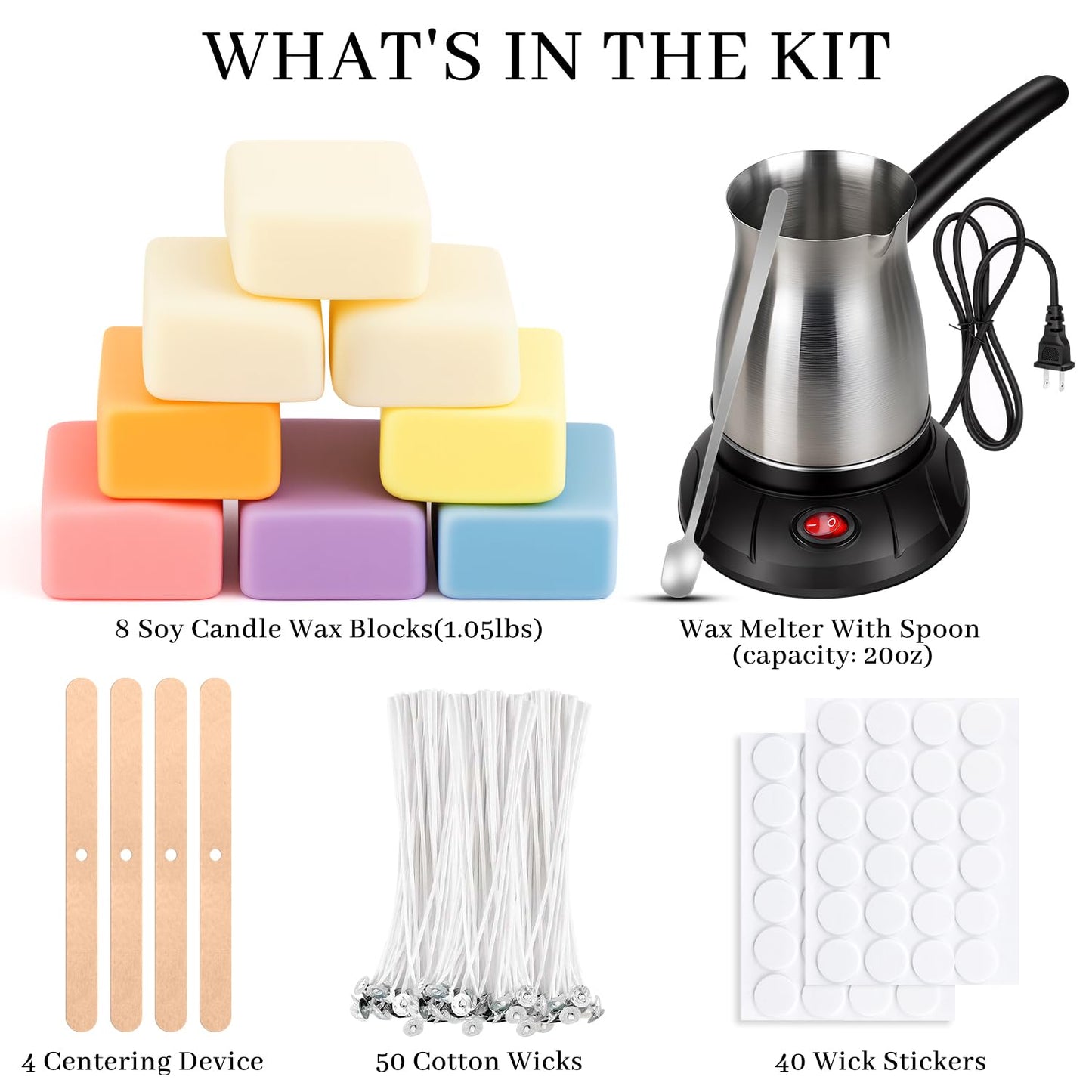 KEARLGMBH Wax Melter for Candle Making, Soy Candle Making Kit with Wax Melting Pot, DIY Candles Making Supplies Including 1lbs Soy Wax, Candle Wax Melter, Stirring Spoon, Wicks, and Centering Device