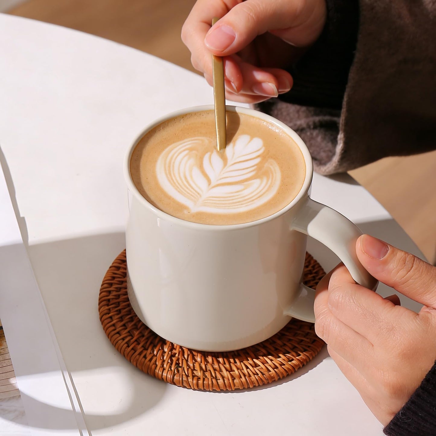 ALOFMO Coffee Mugs Set of 4, Stoneware Coffee Cups with Comfortable Handle, 16oz Ceramic Mugs for Kitchen & Office, Dishwasher & Microwave Safe - Creamy White