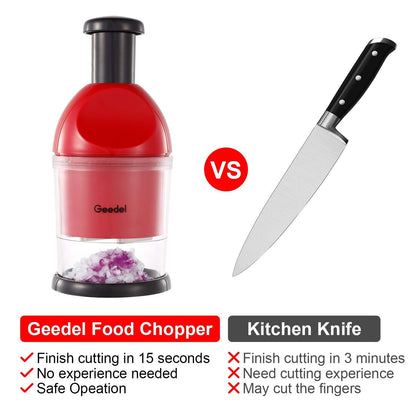 Geedel Food Chopper, Easy to Clean Manual Hand Vegetable Chopper, Dishwasher Safe Slap Onion Cutter for Veggies Onions Garlic Nuts Salads Red