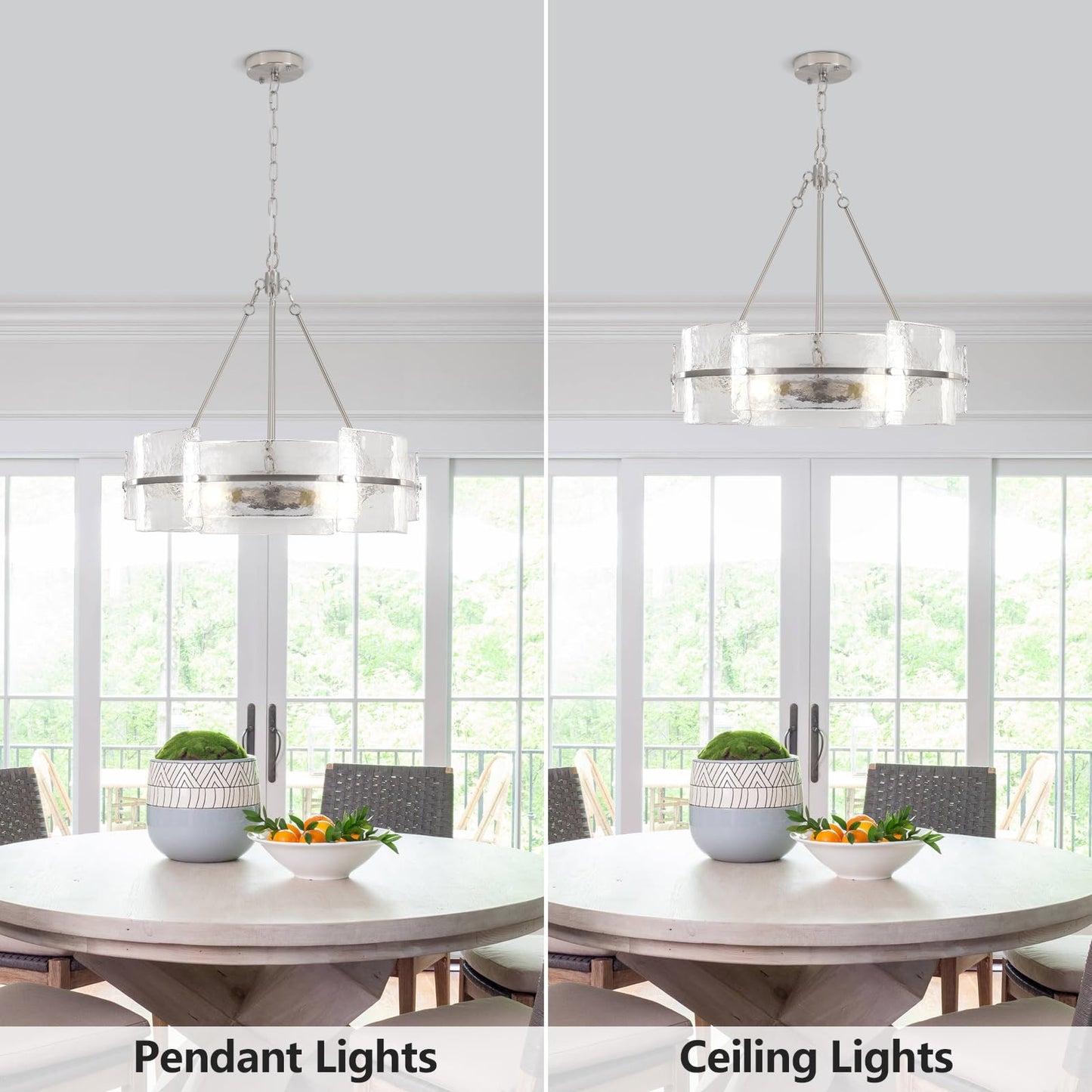 Corlaceling Modern Glass Dining Room Chandelier, 22 inch Brushed Nickel Drum Kitchen Island Light Fixture Luxury Textured Glass Water Ripple Crystal Chandeliers for Living Room Foyer Bedroom