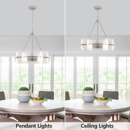 Corlaceling Modern Glass Dining Room Chandelier, 22 inch Brushed Nickel Drum Kitchen Island Light Fixture Luxury Textured Glass Water Ripple Crystal Chandeliers for Living Room Foyer Bedroom