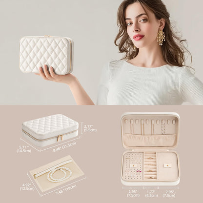 Lolalet Travel Jewelry Case for Women Girls, Travel Jewelry Organizer Box with Mirror & Clear Storage Bag, Small Portable Earring Necklace Bracelet Ring Case, Birthday Valentine Gifts -Medium, White