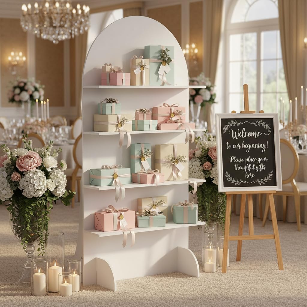 6FT Wooden Wedding Gift Display Arch, Original Design 4-Tier Party Favor, Cupcake & Drink Shelf Backdrop, Champagne Wall for Reception, Ceremony, Baby Shower & Birthday Parties, Easy Assembly
