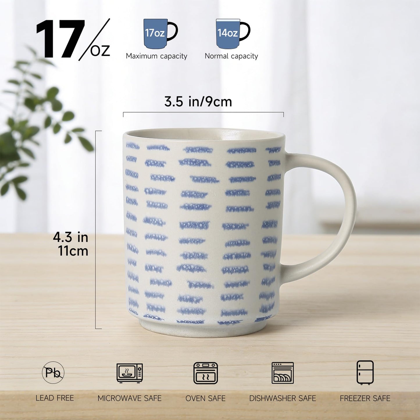 ALOFMO Coffee Mugs Set of 6, 17oz Ceramic Mugs with Handpainted Blue Gray Stripe Pattern, Modern Stackable Coffee Cups, Dishwasher and Microwave Safe Mugs for Home & Office