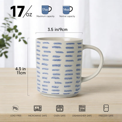 ALOFMO Coffee Mugs Set of 6, 17oz Ceramic Mugs with Handpainted Blue Gray Stripe Pattern, Modern Stackable Coffee Cups, Dishwasher and Microwave Safe Mugs for Home & Office