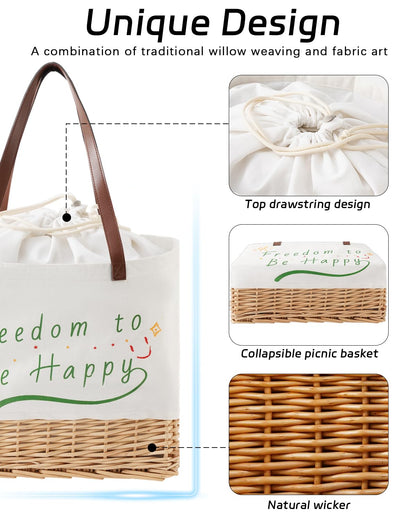 WeaveNove Wicker Picnic Basket for 2 Person, Folding Picnic Basket Set with Waterproof Lining,Canvas and Willow Picnic Hamper with Utensils，for Outdoor, Camping, Beach，Wedding Gifts