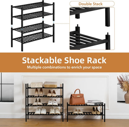 2 Closet, 27"x11"x13" 2 Tier Bamboo Shoe Rack Storage Organizer for Multifunctional Stackable Free Standing Shoe Shelf