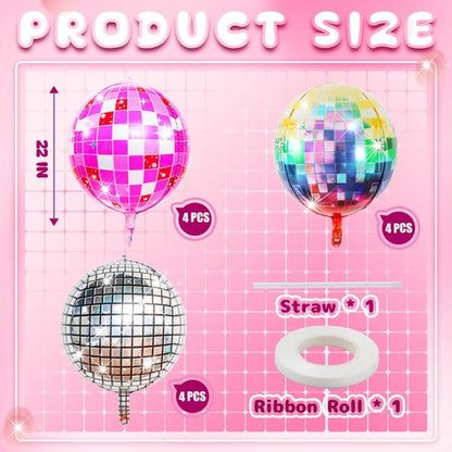 12PCS 22" Disco Balloons 4D Round Pink Silver Balloon for Bachelorette Birthday Parties 70s 80s 90s Theme Disco Ball Party Decorations.(4D)