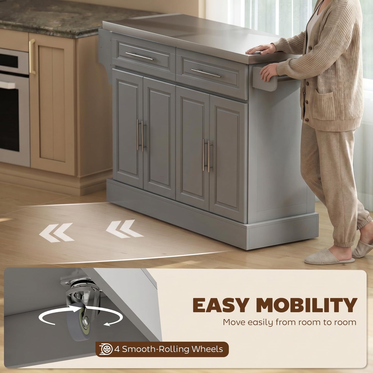 HOMCOM Rolling Kitchen Island Cart with 47" Stainless Steel Top, Portable Island Table for Kitchen with Wheels, Adjustable Shelves, 2 Drawers, Spice, Knife and Towel Rack, Gray