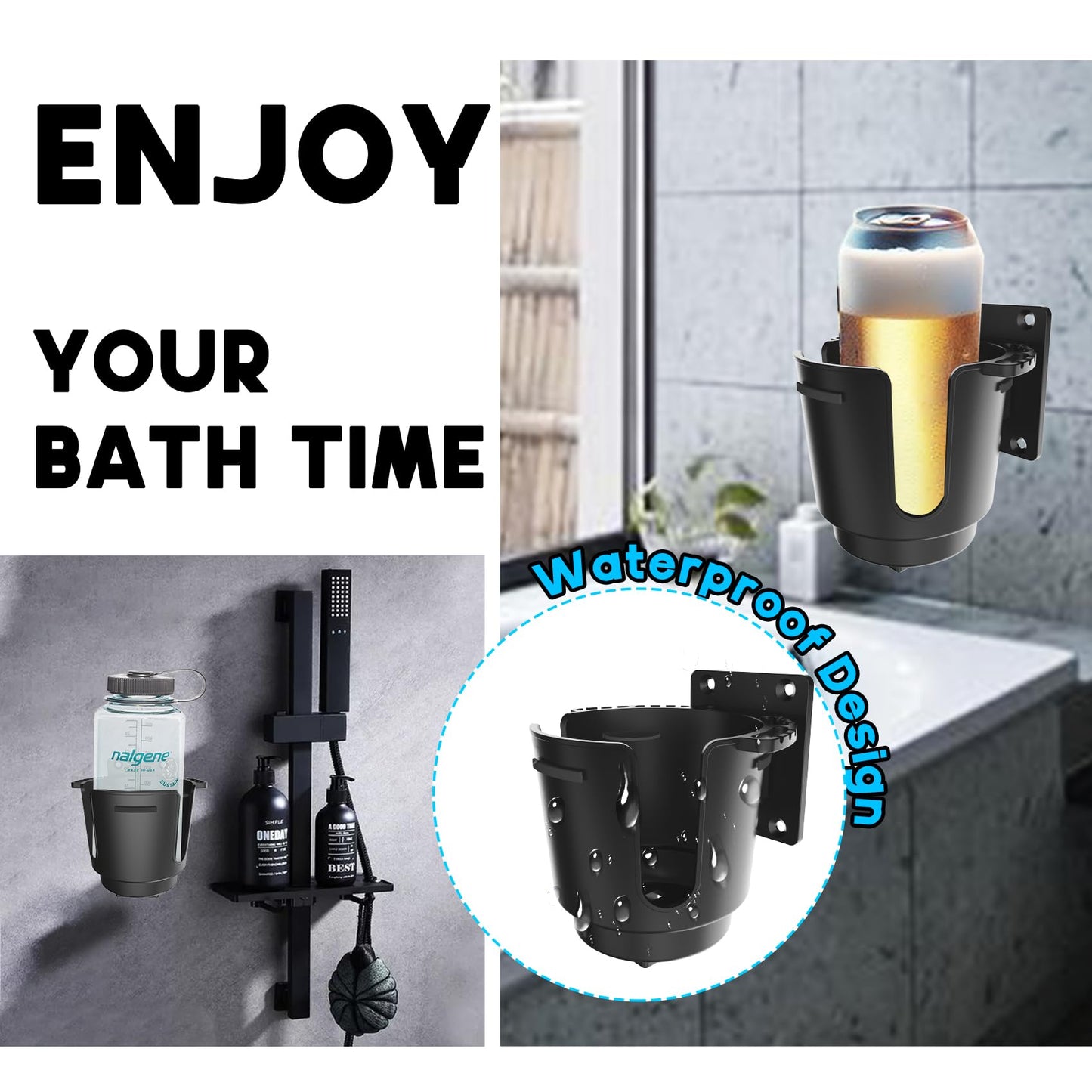 EDSRDUX Universal Multi Size Wall Mount Cup Holder with Drainage Holes - Boat RV Shower Beer Can Holder, Silicone Anti-Slip Grip, Adhesive or Screw Install (Black-Large)