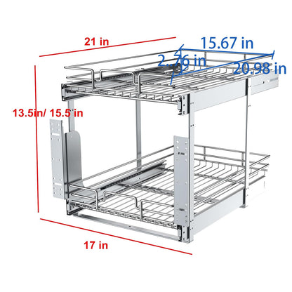 2 Tier Pull Out Cabinet Organizer, 17" W x 21" D Heavy-Duty Metal Sliding Drawer Shelf for Kitchen Cabinets, Chrome, Doesn't Include Door Fittings