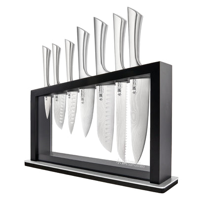 Cuisine::pro Damashiro 8-Piece Satori Knife Block - Japanese Steel Knife Set with Acacia Wood Knife Block -Damascus-Inspired Blade