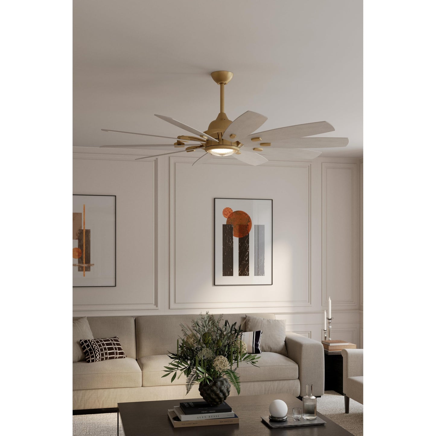 MINKA-AIRE Barn 65" 10-Blade 5CCT LED Smart Ceiling Fan - Legacy Brass and Bleached Wood Blades with Clear Glass