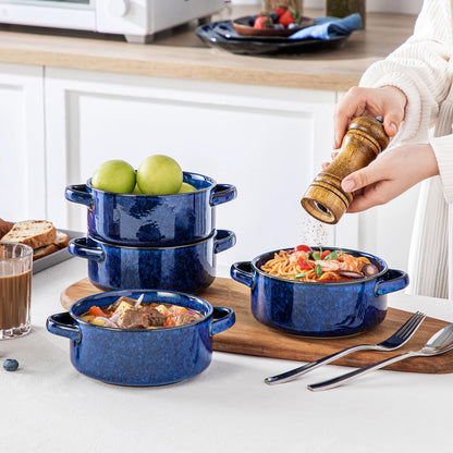 vancasso Starry Soup Bowls with Handles, 30 Oz French Onion Soup Bowls, Oven safe soup bowls for Cereal, Pasta, Chilli, Stew, Large Soup Crocks Set of 4, Blue