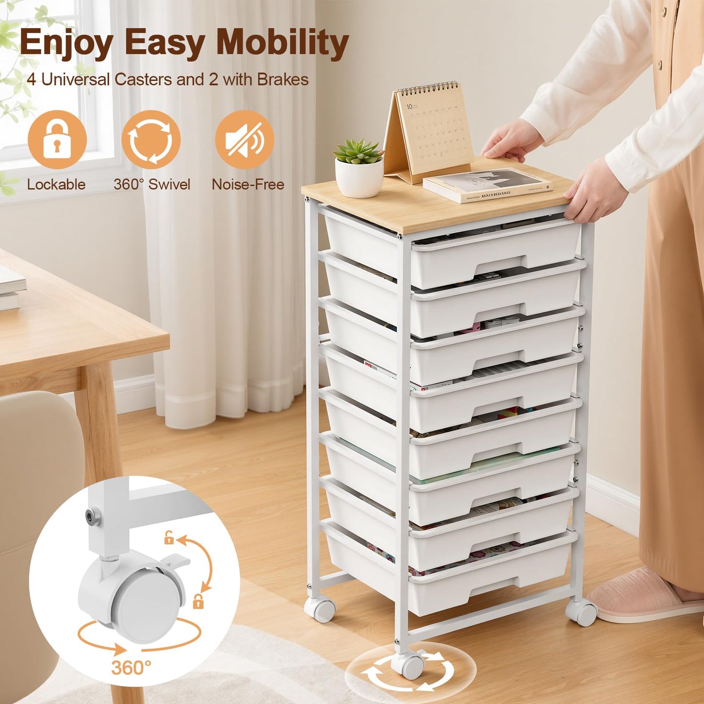 LEHOM Rolling Storage Cart with 8 Drawers, Utility Cart on Wheels with Metal Frame and Wooden Tabletop for Living Room Bedroom Dorm, Office Storage & Art Supply Craft Organizer for Classroom