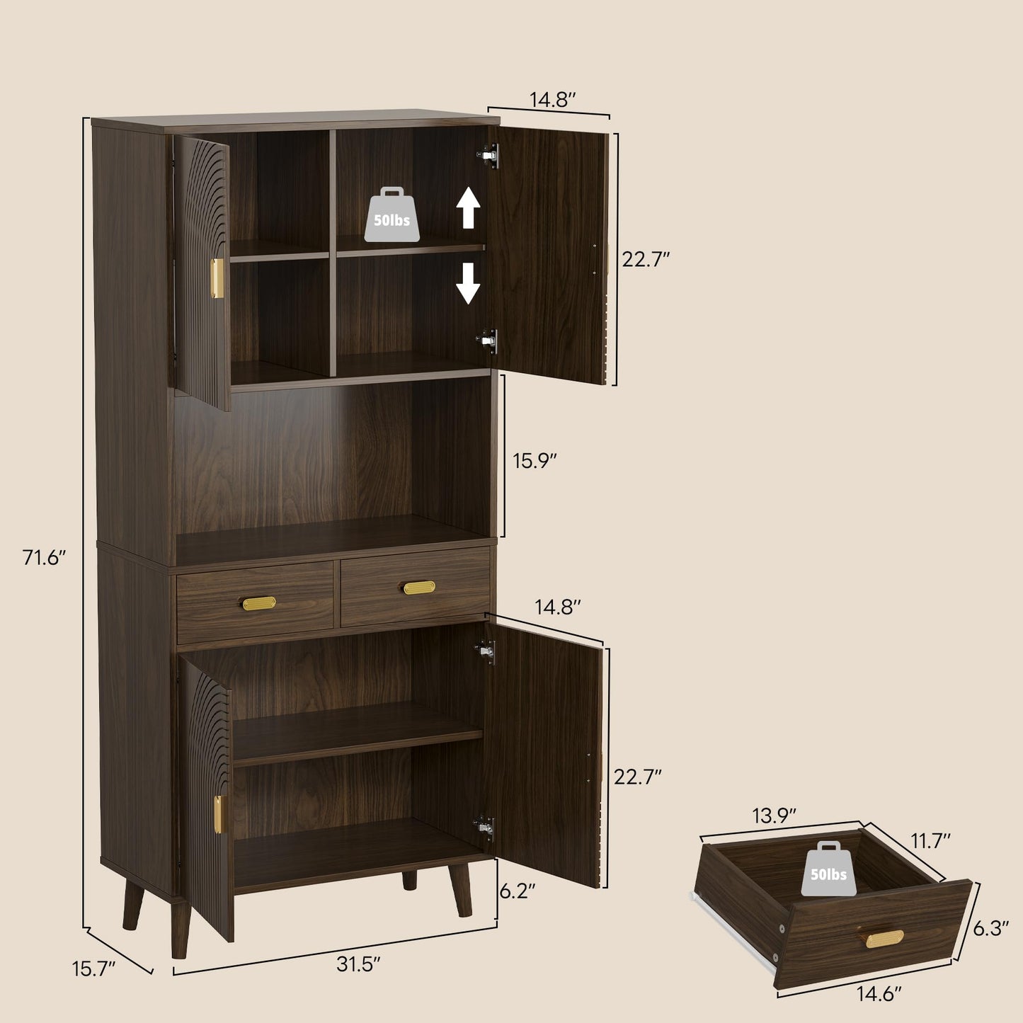LIKIMIO 71.6" Tall Kitchen Pantry Cabinet, Walnut Mid-Century Hutch Cabinet with Storage- 3 Adjustable Shelves, 2 Drawers, Multi-Room Pantry