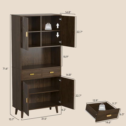 LIKIMIO 71.6" Tall Kitchen Pantry Cabinet, Walnut Mid-Century Hutch Cabinet with Storage- 3 Adjustable Shelves, 2 Drawers, Multi-Room Pantry