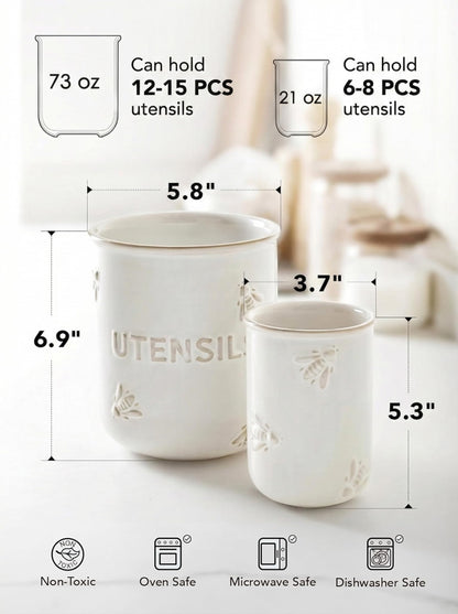 LE TAUCI Utensil Holder for Kitchen Counter - 6.9"+5.3" Ceramic Kitchen Utensil Holder Set of 2, Large Cooking Utensil Crock & Organizer for Spatula, Spoon - Embossed Kitchen Decor, White,Bee